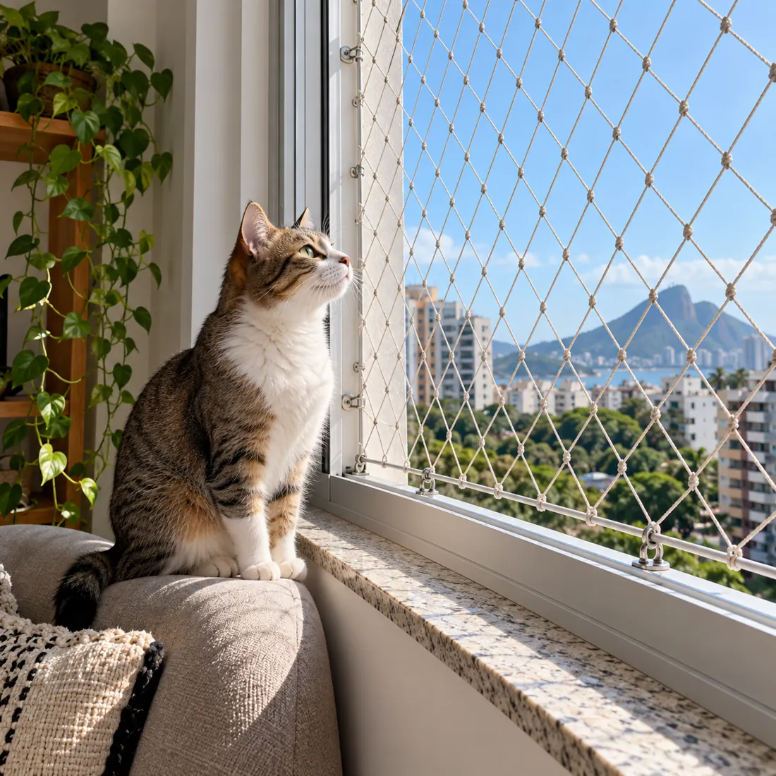 Gato junto a janela protegida com rede